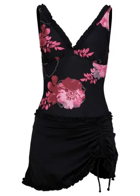 Traje de baño con ligero efecto moldeador Negro-rosa de flores